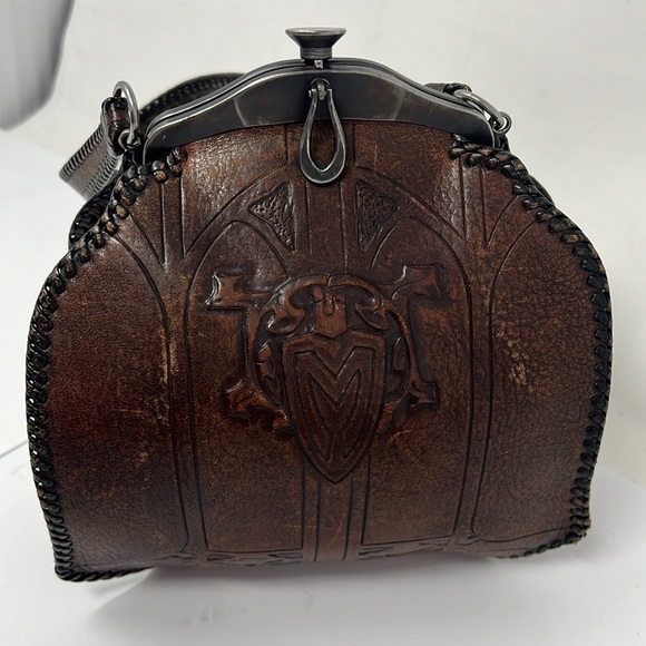 Vintage 1920’s Hand Tooled Brown Leather Purse Metal Snap Frame Closure - Picture 4 of 16